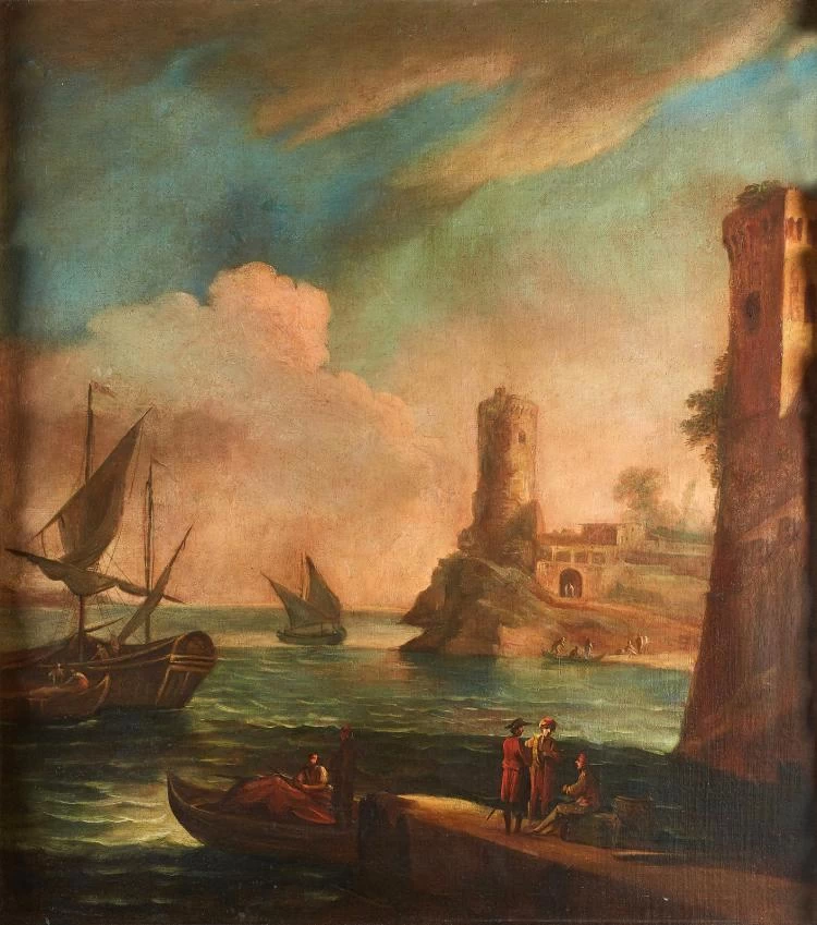 Paesaggio con porto e personaggi